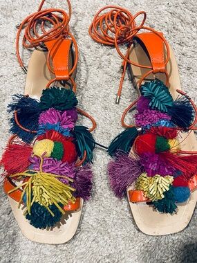 Zara Orange Multicolor Pom Pom Lace-Up Sandals